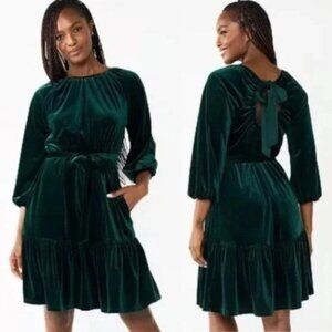 Draper James RSVP Emerald Green Velvet Ruffle Tie-Back Dress With Belt & Long Sl